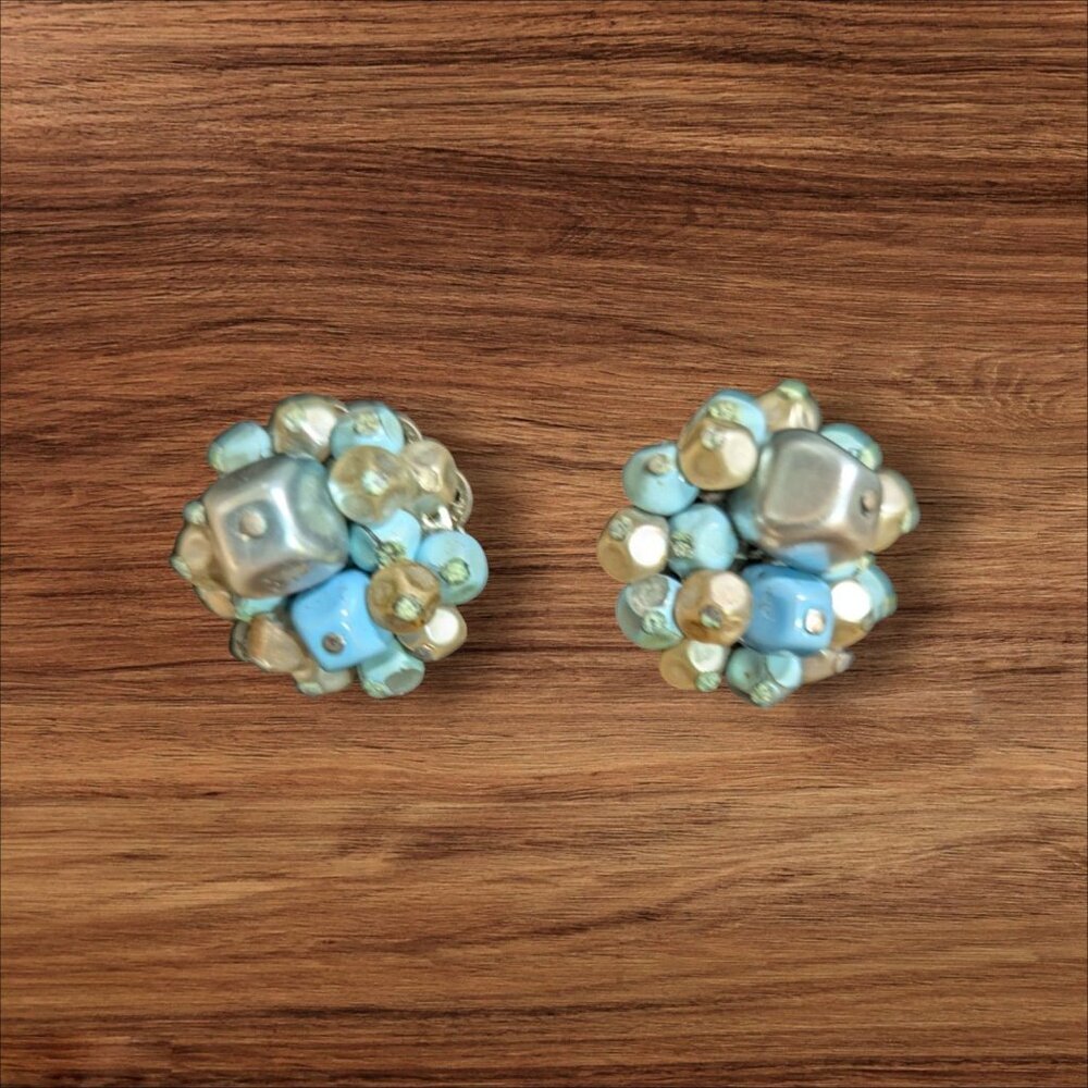 Vintage Clip-On Earrings‎ W/ Blue & Cream Beads  Japan Retro Chic 1"